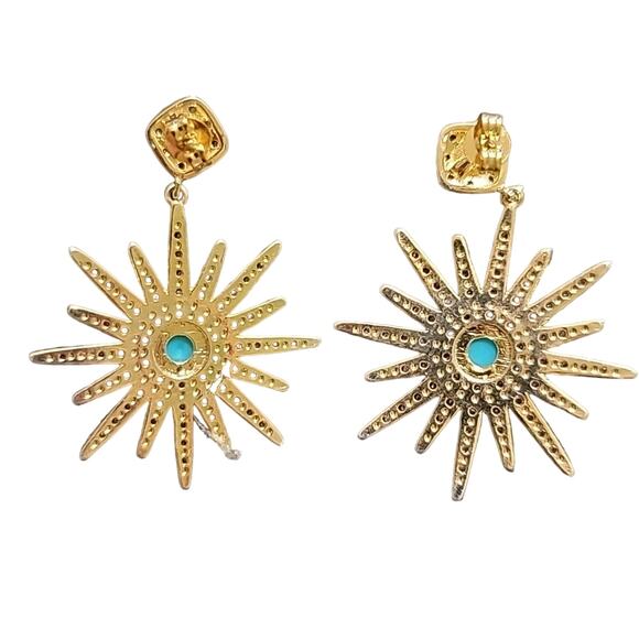 14k Yellow Gold Plated Turquoise Swarovski Crystal Starburst Dangle Earrings - Picture 6 of 8